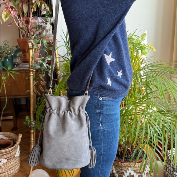 local Handbags - Grey nubuck suede bucket crossbody drawstring bag